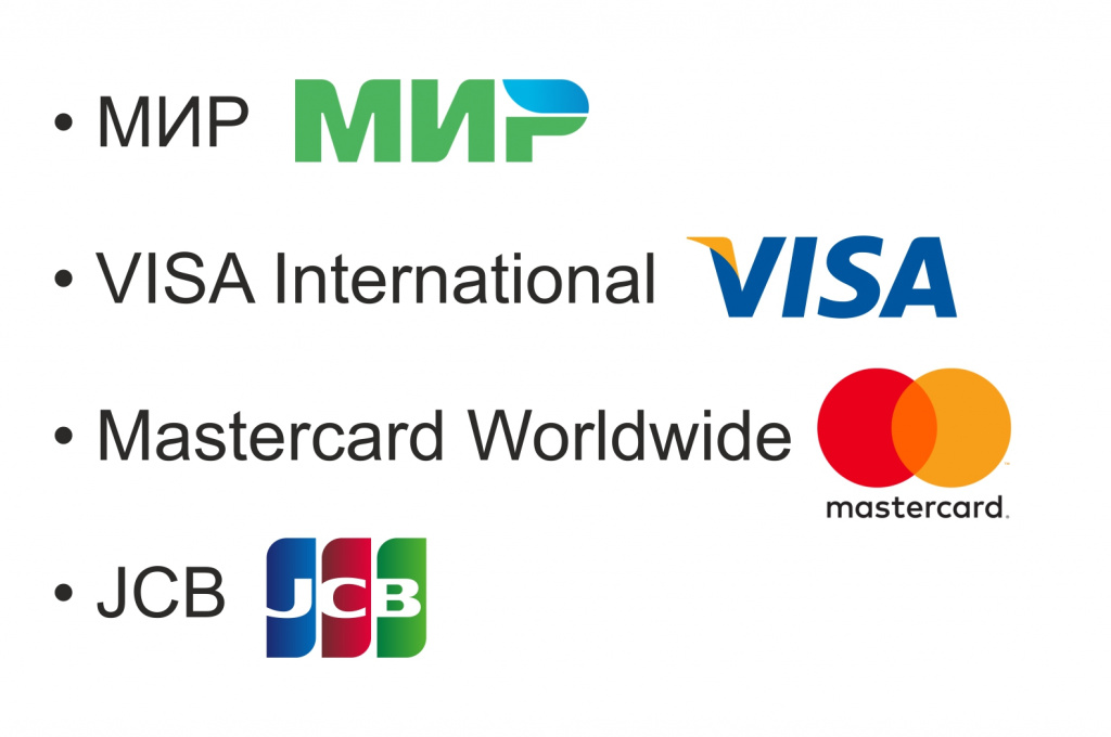 МИР;
VISA International;
Mastercard Worldwide;
JCB.